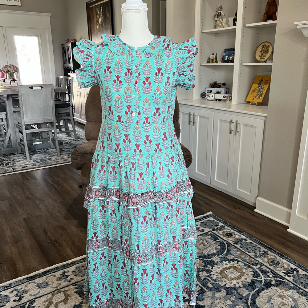 Victoria Dunn Floral Puff Sleeve Dress - Blue and Pink